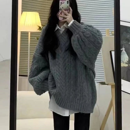 Lantern Sleeve Knit Sweater Women Korean Solid Twist V-Neck Pullover Jumper
