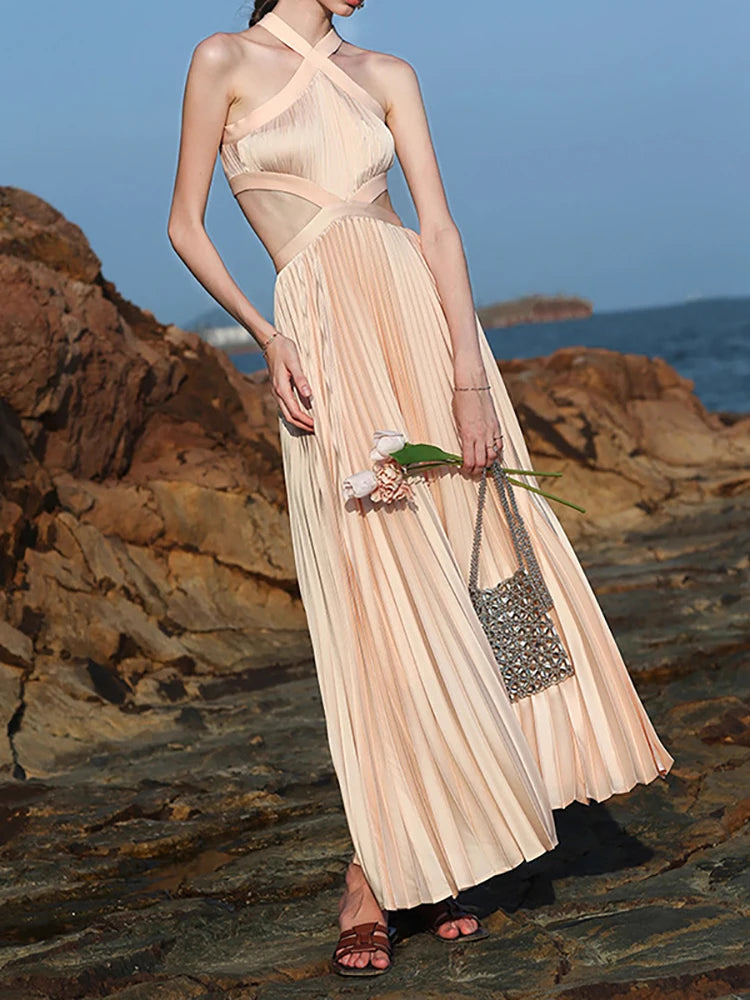 Sexy Halter Neck Cutout Pleated A-line Long Dress Pink Sleeveless Backless Party Dress