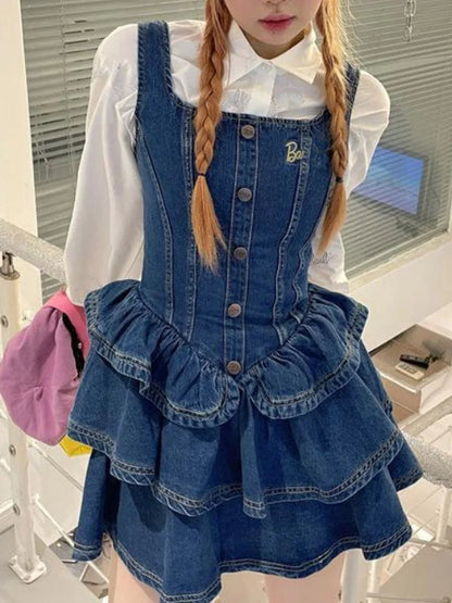 Denim Ruffle Mini Dress Y2k Korean Fashion Women Vintage Denim Dress