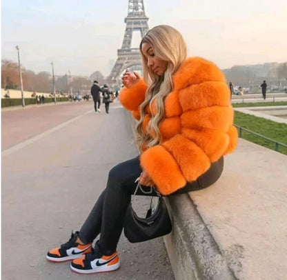 Women Faux Fox Fur Coats Turn Down Collar Thick Warm Elegant Jackets Streetwear
