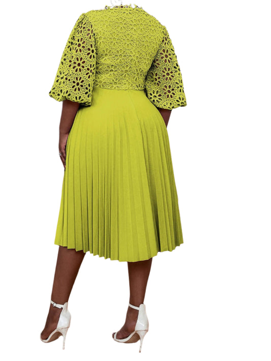 Chic Women Lace Party Dress Half Lantern Sleeve Hollow Out Elegant Pleated A-Line Gown Evening Birthday Dress