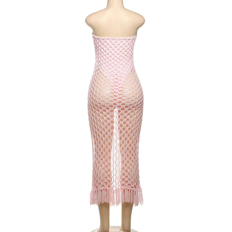 Women Beach Wear 2 Piece Set Sexy Knit Strapless Tassel Hem Dress+Bodysuit Vacation Wear