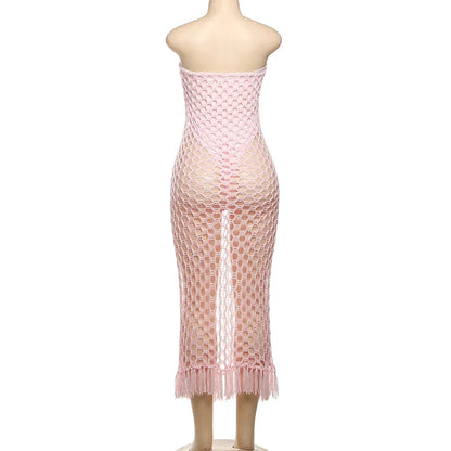 Women Beach Wear 2 Piece Set Sexy Knit Strapless Tassel Hem Dress+Bodysuit Vacation Wear