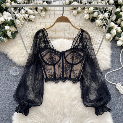 Lace Sexy Blouse Women Flare Sleeve Square Collar Embroidery Blouse High Quality Short Top