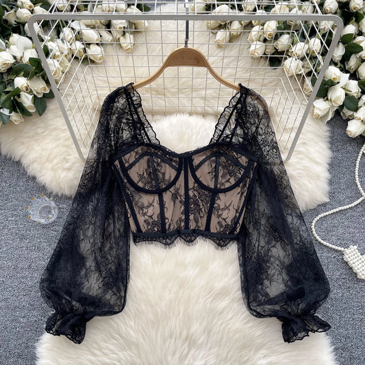 Lace Sexy Blouse Women Flare Sleeve Square Collar Embroidery Blouse High Quality Short Top