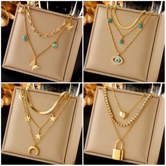 Stainless Steel Butterfly Moon Lock Blue Eyes Pendant Necklace For Women