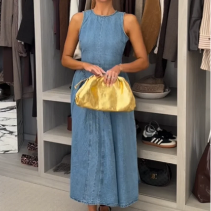 Women's Vintage Hollow Out Denim Maxi Dress Backless A Line Denim Robes Lace Up Dress