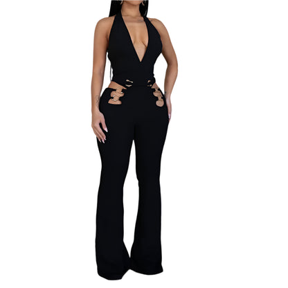 Women V-Neck Backless Straight Sleeveless Flare Jumpsuits One Piece Outfits