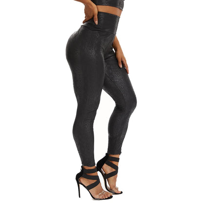 Leopard Faux Leather Pants Women High Waist PU Leggings Stretchy Slim Pencil Pants