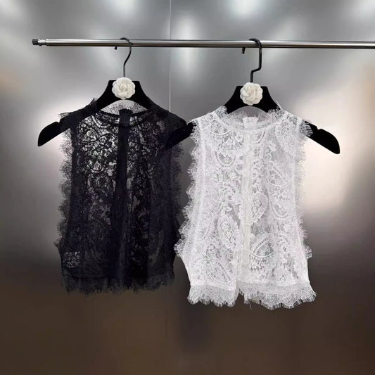 Vintage Spliced Zipper Sheer Vest for Women O Neck Sleeveless Lace Edge Top