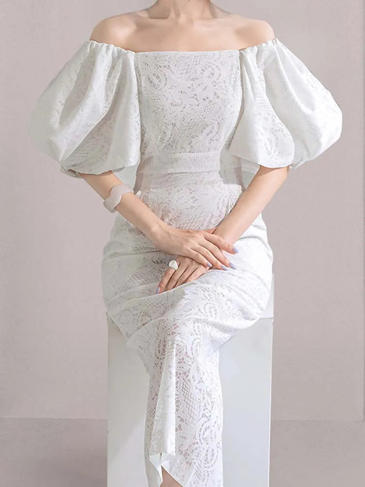 Women's White Midi Dress Elegant Lace One-Piece Collar Lantern Sleeve Hip Hugging Dress
