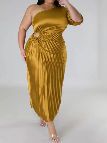 One Side Shoulder Dress Women Pleated Sexy Long Dress for Plus Size Women