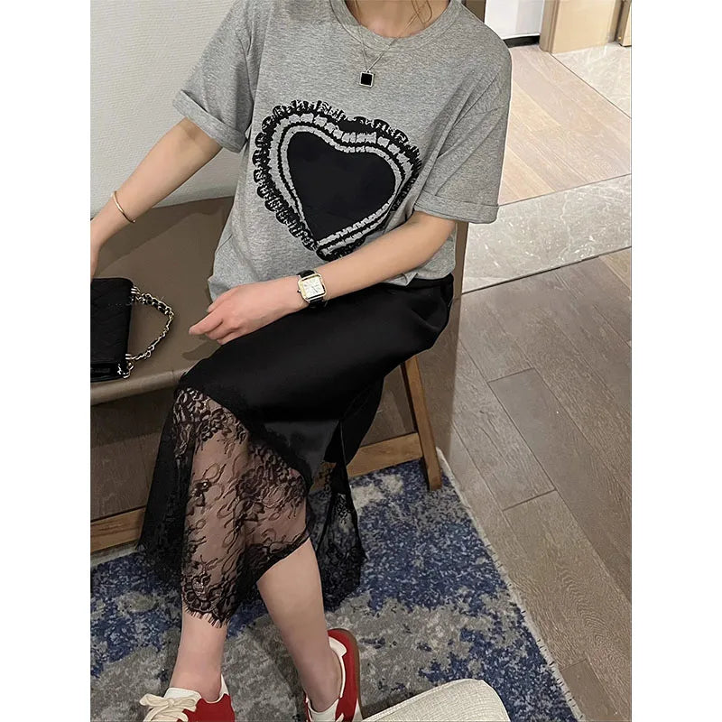 High Quality Lace Splicing Skirt for Women Commute Midi Skirt