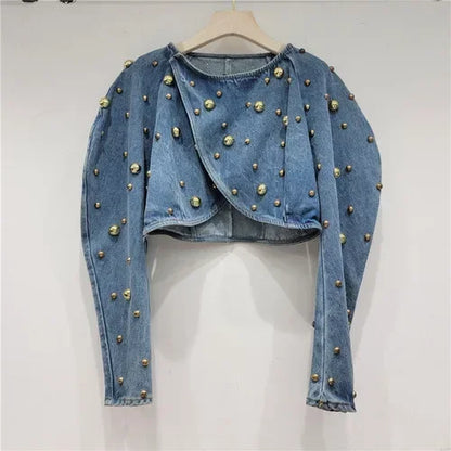 Women Rivets Long Lantern Sleeve Denim Coat Short Pearls Top Bomber Jacket Cowboy Jacket