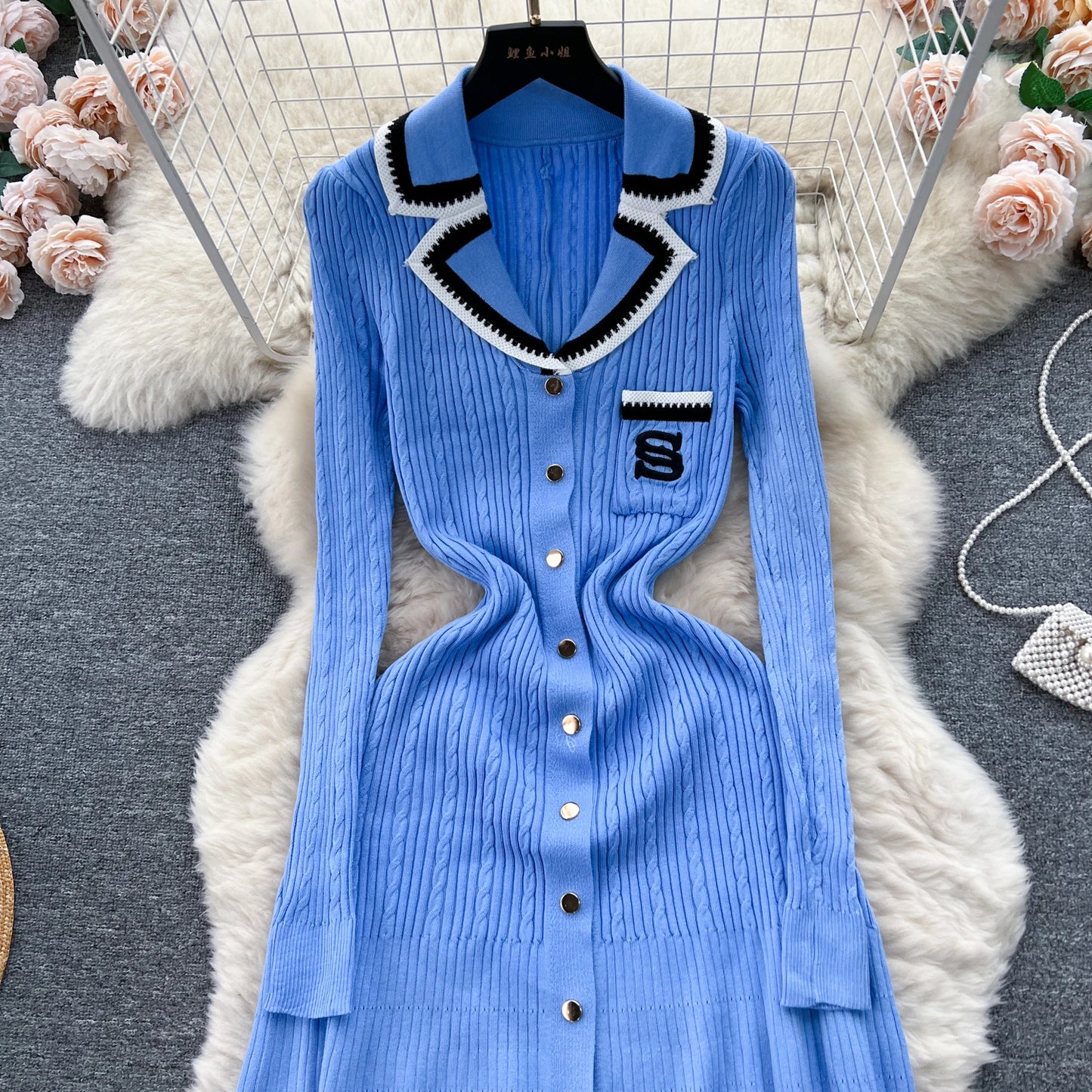 Women Polo Dress Single Breasted Pocket Design Bodycon Knitted Dress Sweater Midi Dress