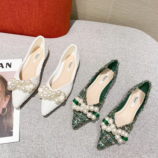 Flat Shoes for Women Big Pearls Green White Women Flats Casual Loafers