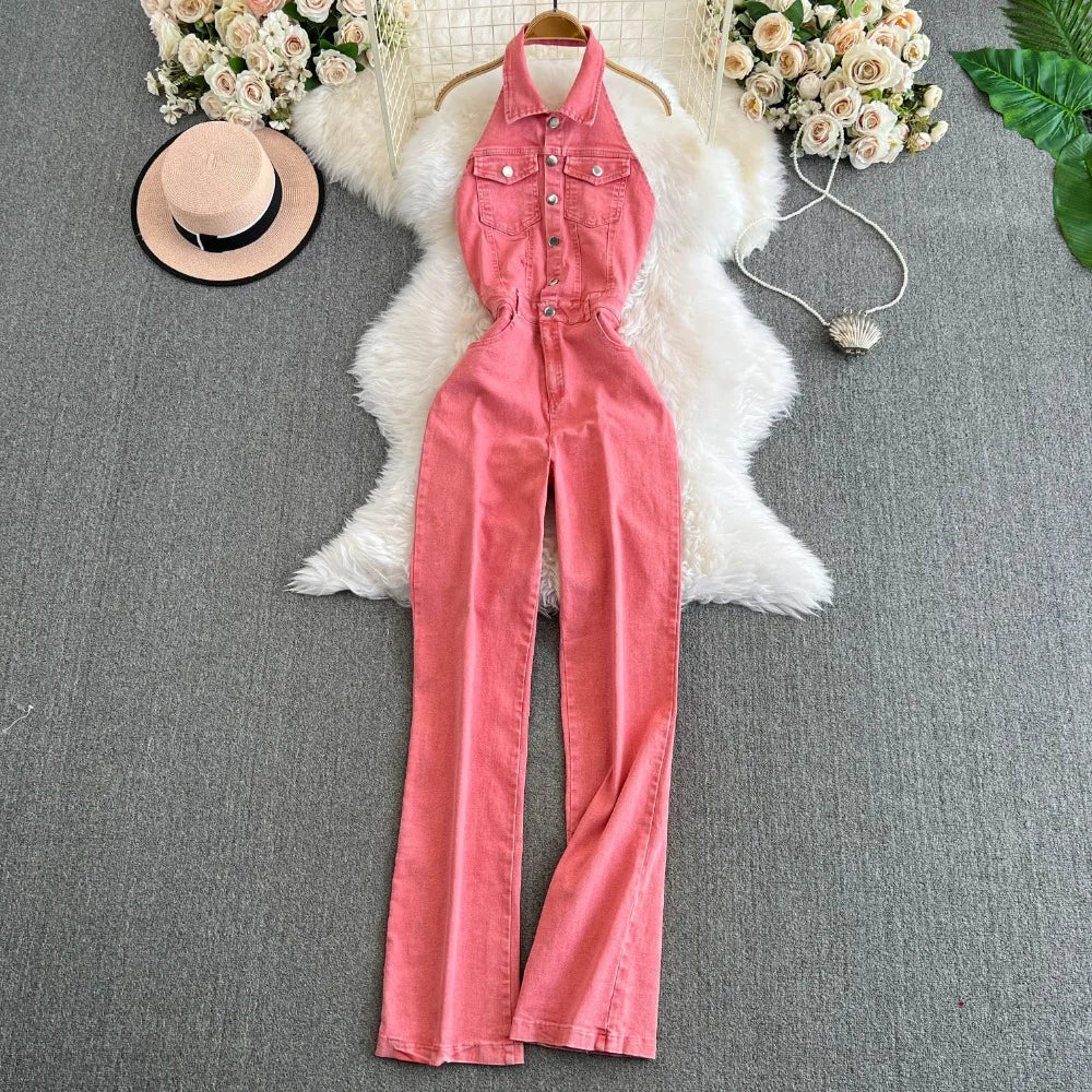 Vintage Turn-down Collar Sleeveless Jumpsuit