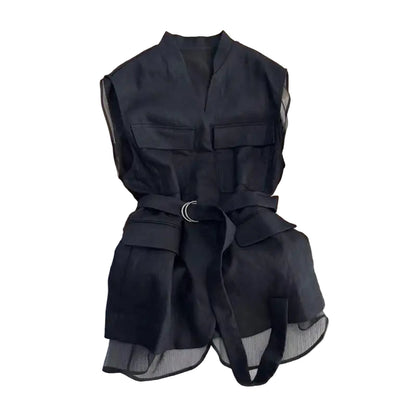 Black Blouse Sleeveless Vest Tops for Women Mesh Patchwork Shirt
