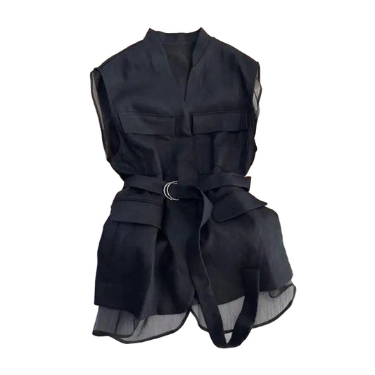Black Blouse Sleeveless Vest Tops for Women Mesh Patchwork Shirt