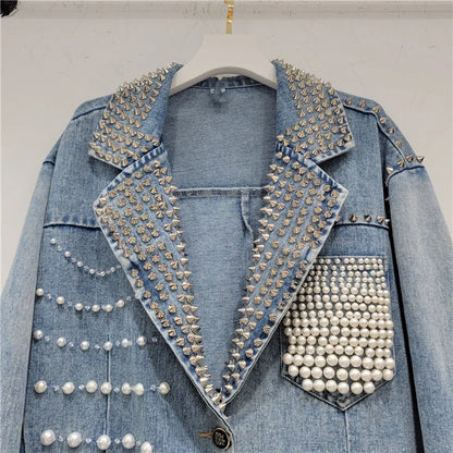 Women Pearls Beaded Denim Jacket Turn Down Collar Jeans Blazers