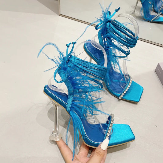 Summer Rhinestone Feather Women Sandals Lace-up Cross-Tied Sexy Gladiator Square Toe Heels