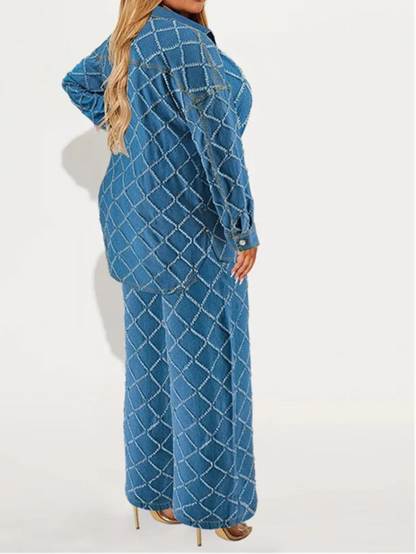 Plus Size Denim Two Piece Sets Women Long Sleeve Tops and Pants Matching Suits