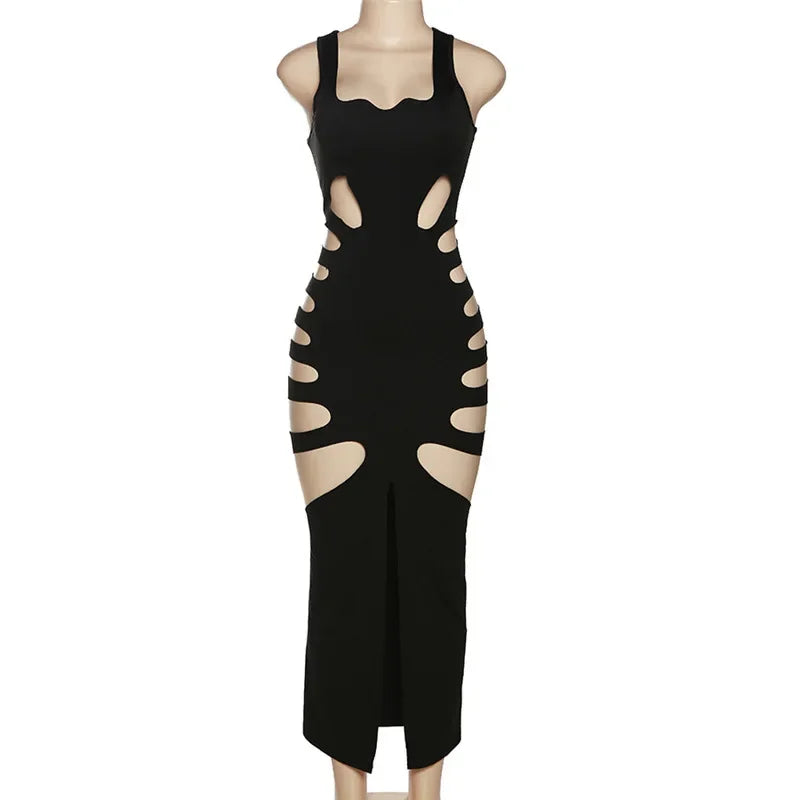 Sexy Dress Women Summer New Sleeveless Split Solid Skinny Stretch Maxi Bodycon Clubwear Vacation Outfits