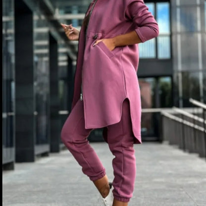 Women Pant Set Hooded Zipper Long Coats Two Piece Suits Casual Straight Pants