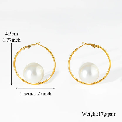Stainless Steel Exaggerated Large Pearls Necklace Earrings Set For Women