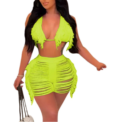 Women Fringe Tassel Bikini Shorts Set Hollow Out Jamaican Crochet Swimwear Summer Beach Knitted Cover Up Swimsuit