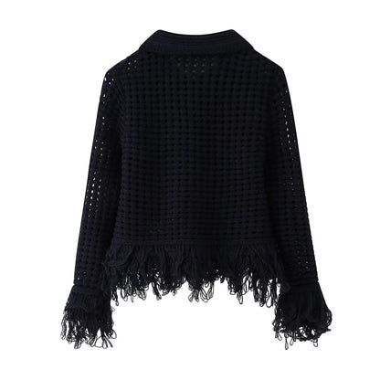 Vintage Women Knitted Hollow Out Tassel Mini Skirt Set Cardigan+Fringe Mini Skirt