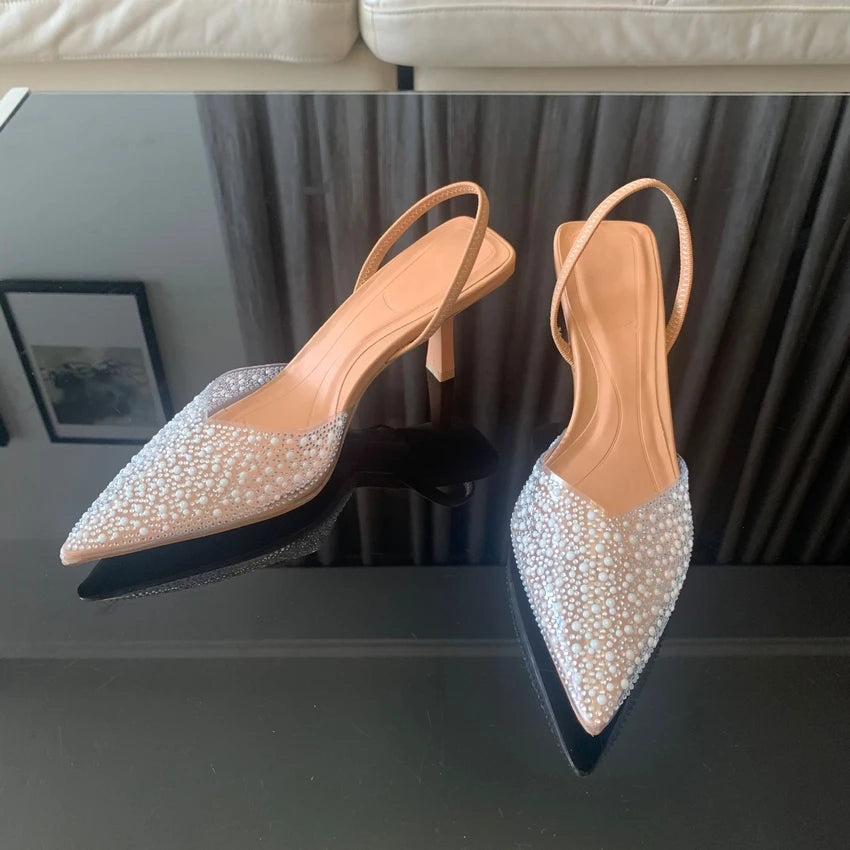 Women High Heels Pearl Decoration Slingback Pumps Pointed Toe High Heels
