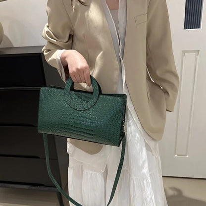 Women's Crocodile Pattern PU Leather Handbags Green Square Bag