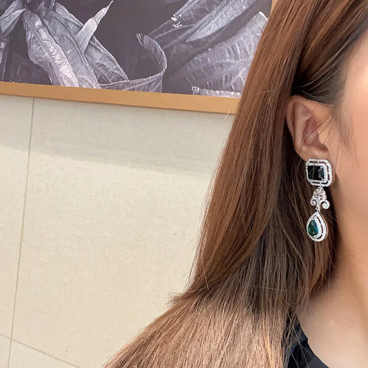 Green square earrings exaggerate cubic zirconia earrings