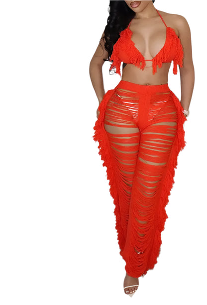 Tassel Knitted Pants Two Piece Set Resort Outfit Vacation Outfit Beach Cover Up