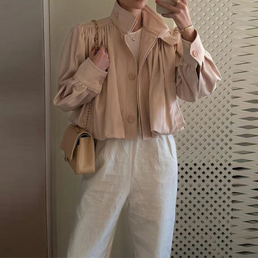 Pleated Stand Collar Jacket For Women Crop Trench Coat Outwear Jackets