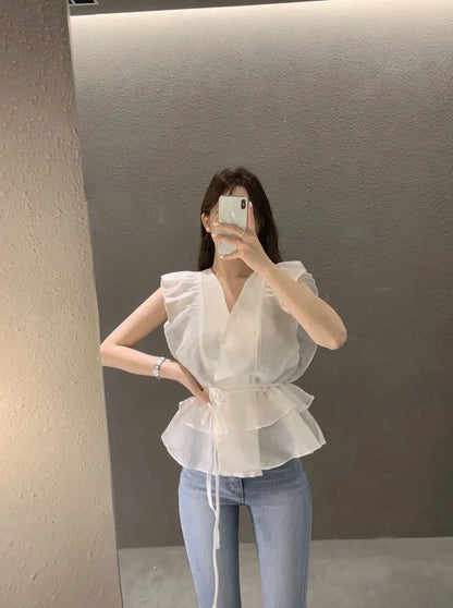 Lace Up Top Ruffled V-neck Sleeveless Shirts Blouse for Women