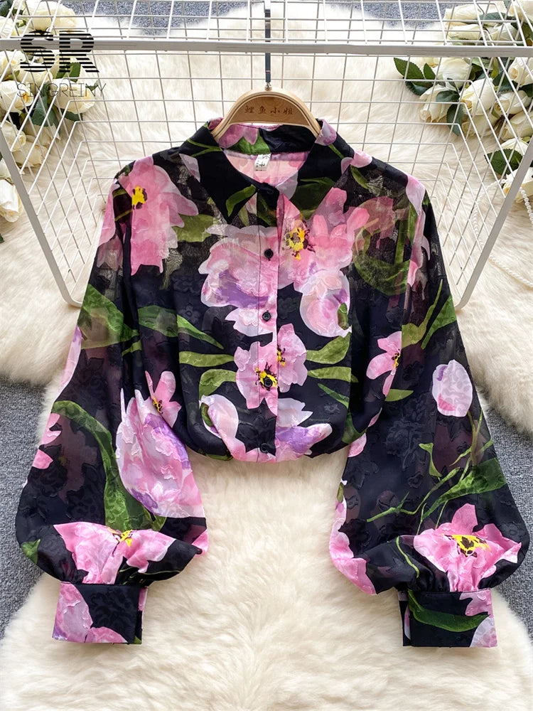 Floral Print Women Shirt Summer Lantern Sleeve Retro French Loose Blouse