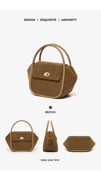 WOMEN'S HANDBAG WINTER WOOL EVENING LEATHER ORIGINAL STYLE LUXURY BRAND PURSE SHOULDER BAG
