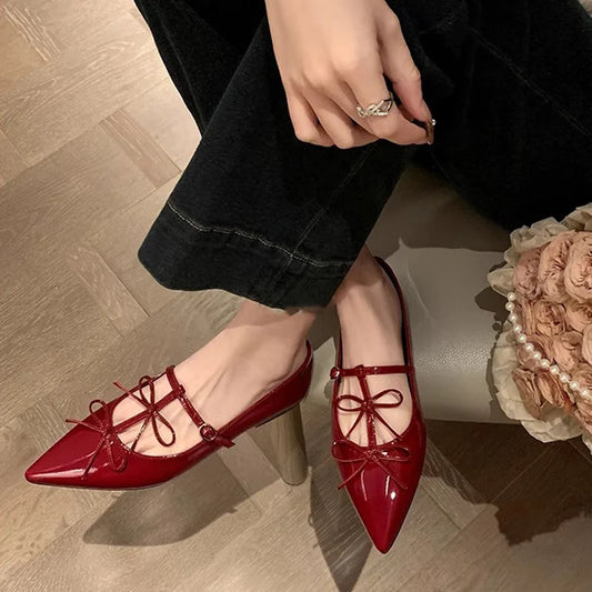 T-strap Pointed Toe Flats Shoes Women Bowtie Buckle Strap Flat burgundy Shoes