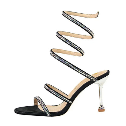 Women Luxury Party 8.5cm High Heels Summer Sexy Nightclub Sandals Female Red Green Ankle Strappy Roman Gladiator Crystal Sandles