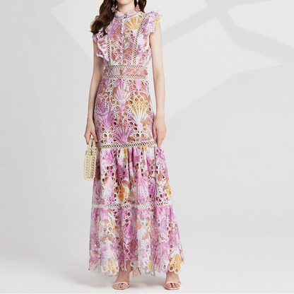 Flower Embroidery Maxi Wedding Guest Dress Women Flare Ruffles Sleeve Neck Colorful Long Robe