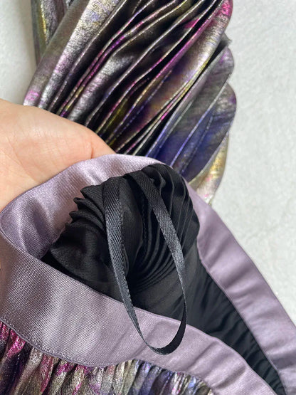Shiny Colorful Luxury High Waist Midi Skirt Elastic Waistband Pleated Skirt