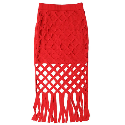 Women Hollow Out Tassel Bodycon Midi Skirts Two Piece Set and Sleeveless Top and Skirt Set