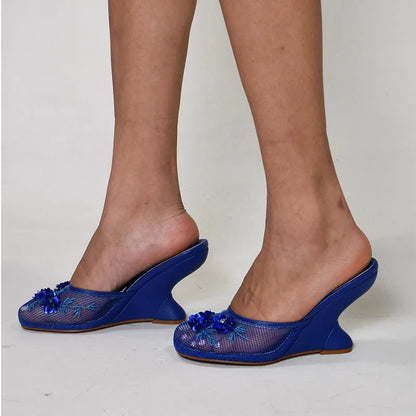 Women Summer Wedges Mesh Shoes Flower Round Toe Slip-On Hollow High Heeled sandals