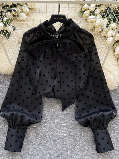 Vintage Polka Dot Tops Puff Sleeve Bow Lace Up Design Blouse