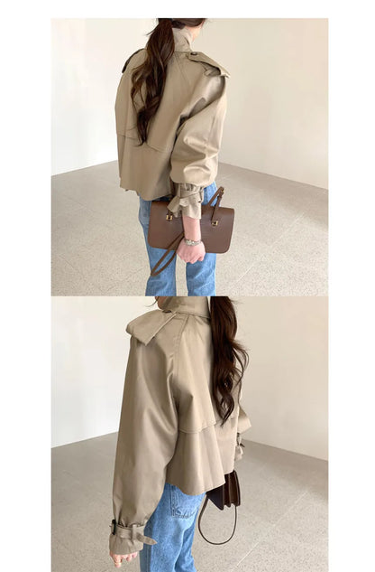 Vintage Double Breasted Crop Jacket Trench Jackets Women Loose Chic Windbreaker