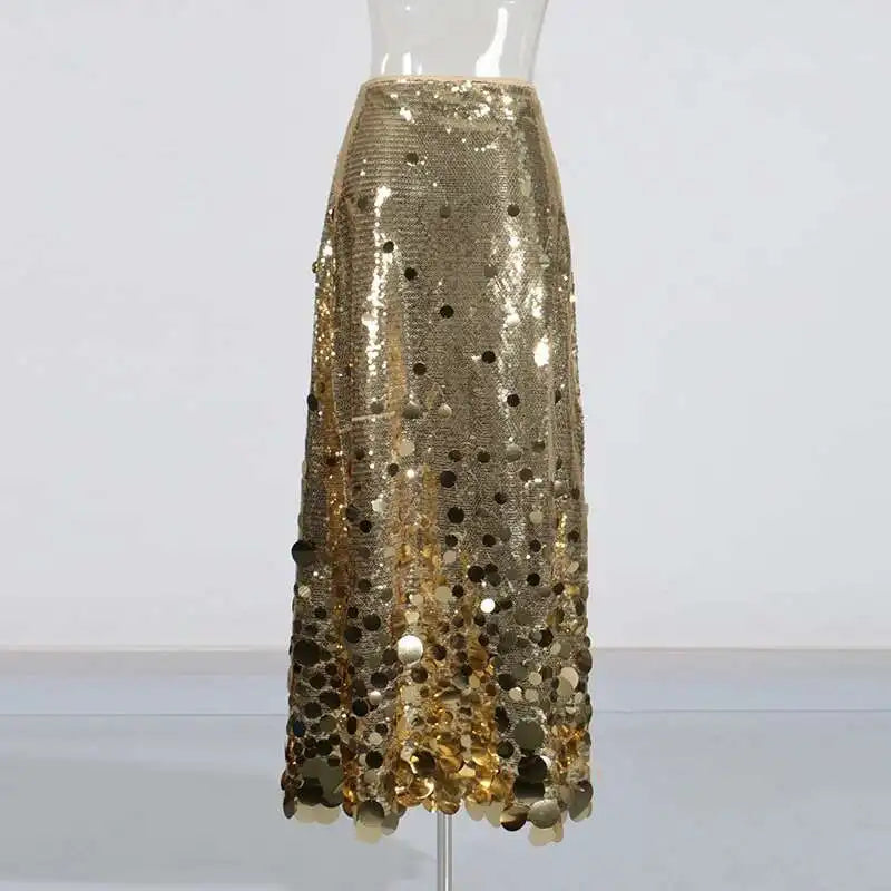 Solid Patchwork Sequins Chic Skirts For Women High Waist Zipper A Line Skirts