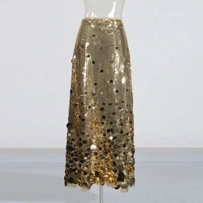 Solid Patchwork Sequins Chic Skirts For Women High Waist Zipper A Line Skirts