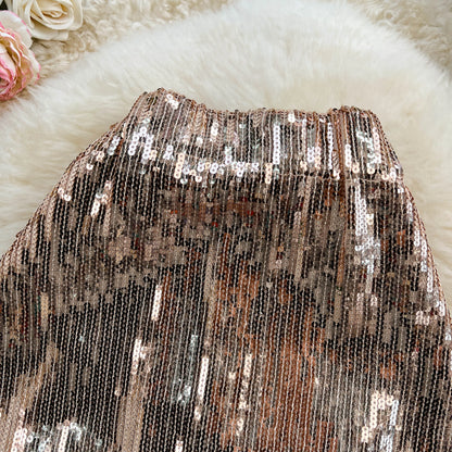 Women Chic Sequin tassel glitter Skirt High Waist Elegant Korean Fashion Skirt